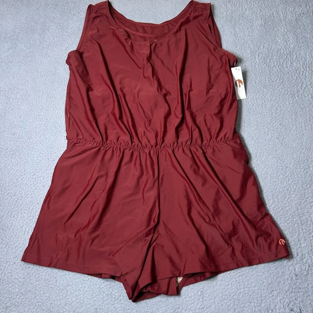 Honey Mark Sage Swim‎ Romper Womens 3XL Burgundy Sleeveless Stretch Fit Pockets